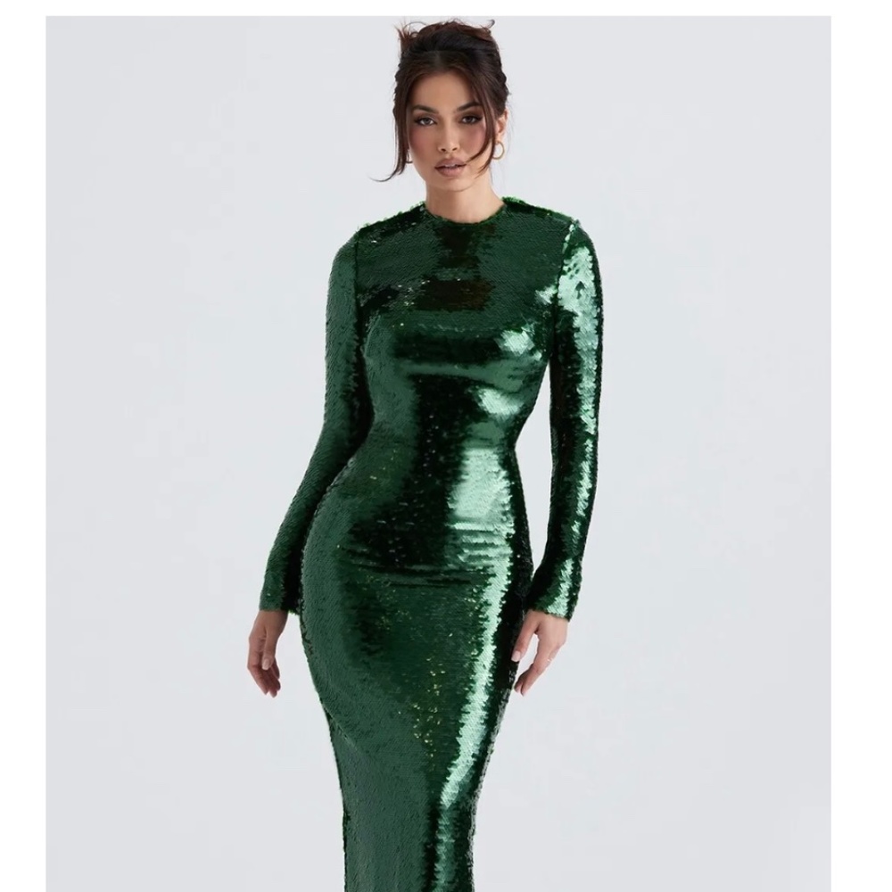 HOUSE OF CB 'Belle' Pine Green Sequin Maxi Dress